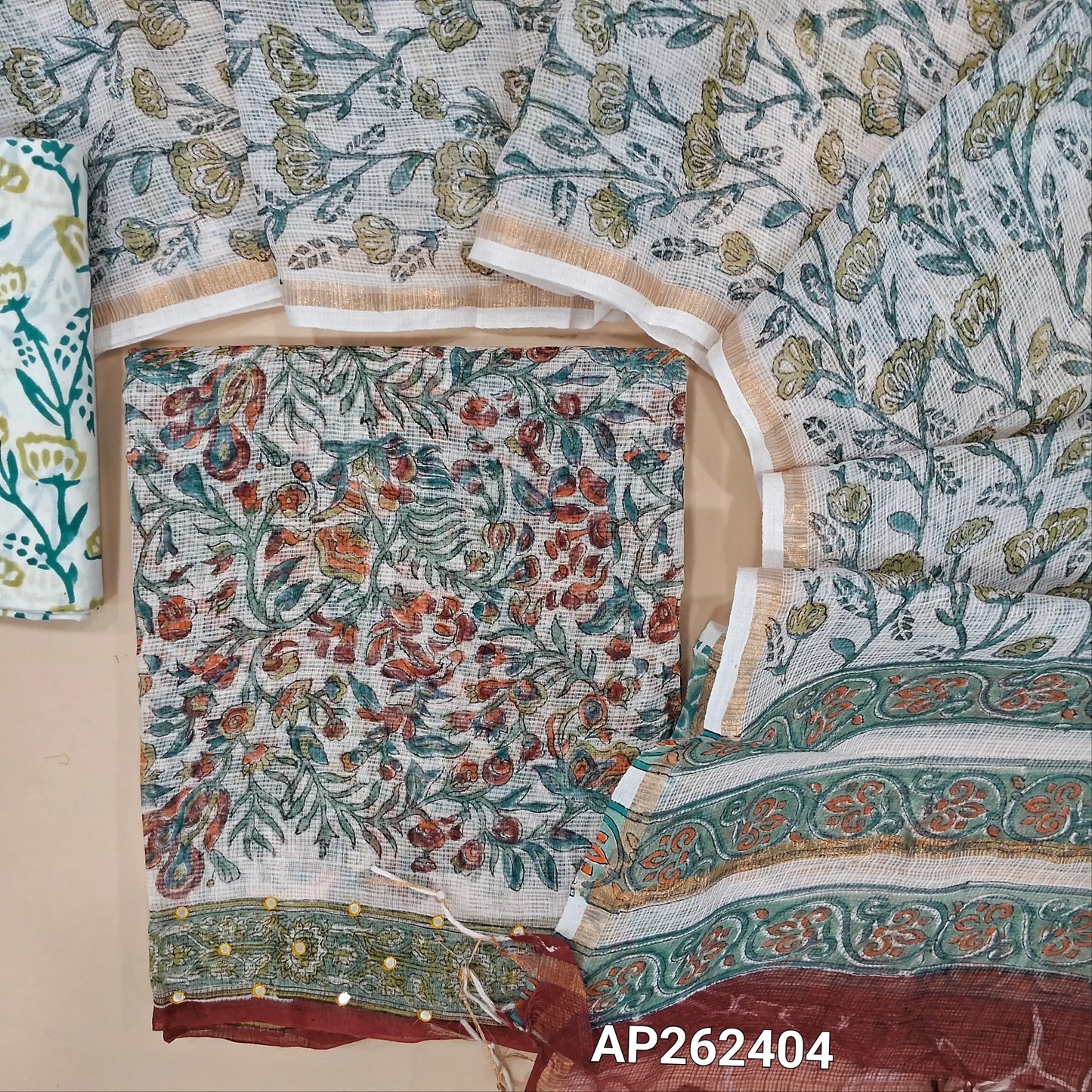 White base hand block premium kota unstitched salwar material,faux mirror on daman,(Lining Needed)block printed cotton bottom, hand block printed pure kota dupatta(TAPINGS NEEDED, INCONSISTENT PRINTS ARE NOT DEFECTS). AP262404