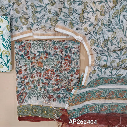 White base hand block premium kota unstitched salwar material,faux mirror on daman,(Lining Needed)block printed cotton bottom, hand block printed pure kota dupatta(TAPINGS NEEDED, INCONSISTENT PRINTS ARE NOT DEFECTS). AP262404