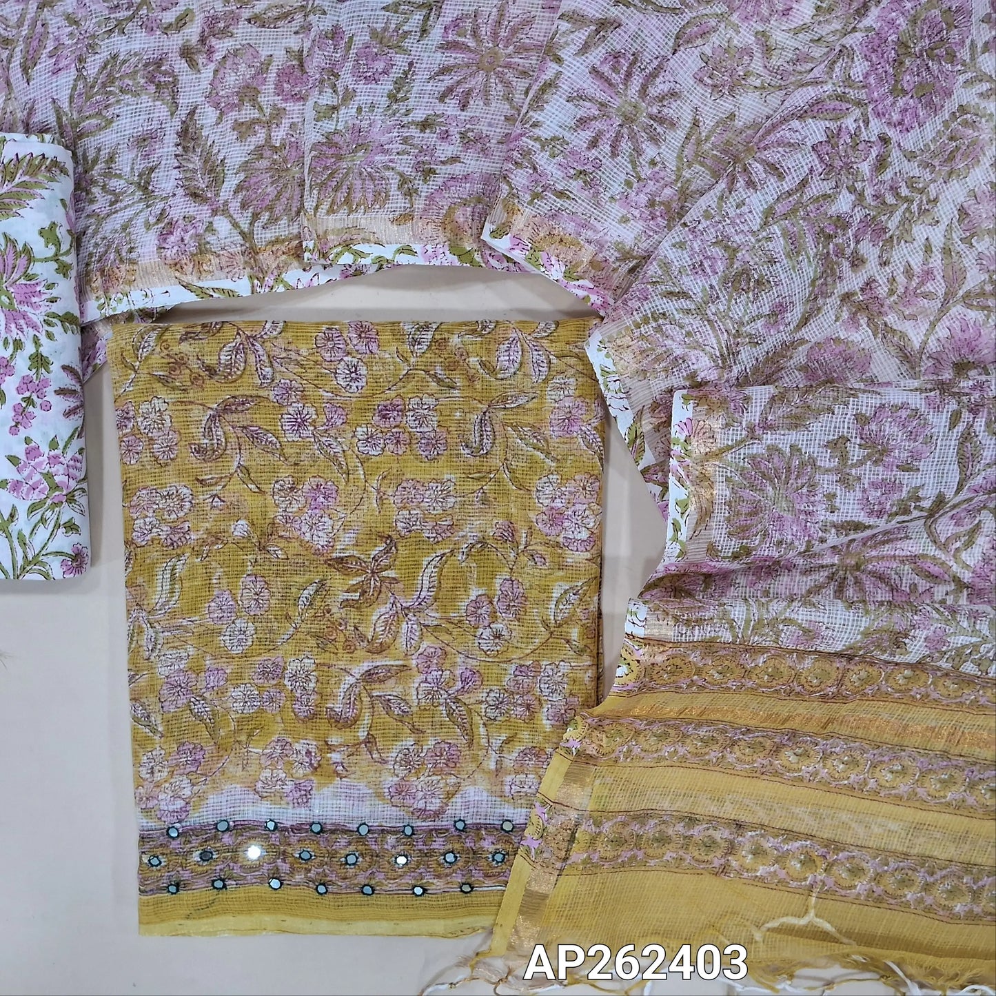 Light mehandhi green hand block premium kota unstitched salwar material,faux mirror on daman,(Lining Needed)block printed cotton bottom, hand block printed pure kota dupatta(TAPINGS NEEDED, INCONSISTENT PRINTS ARE NOT DEFECTS). AP262403
