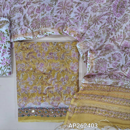 Light mehandhi green hand block premium kota unstitched salwar material,faux mirror on daman,(Lining Needed)block printed cotton bottom, hand block printed pure kota dupatta(TAPINGS NEEDED, INCONSISTENT PRINTS ARE NOT DEFECTS). AP262403