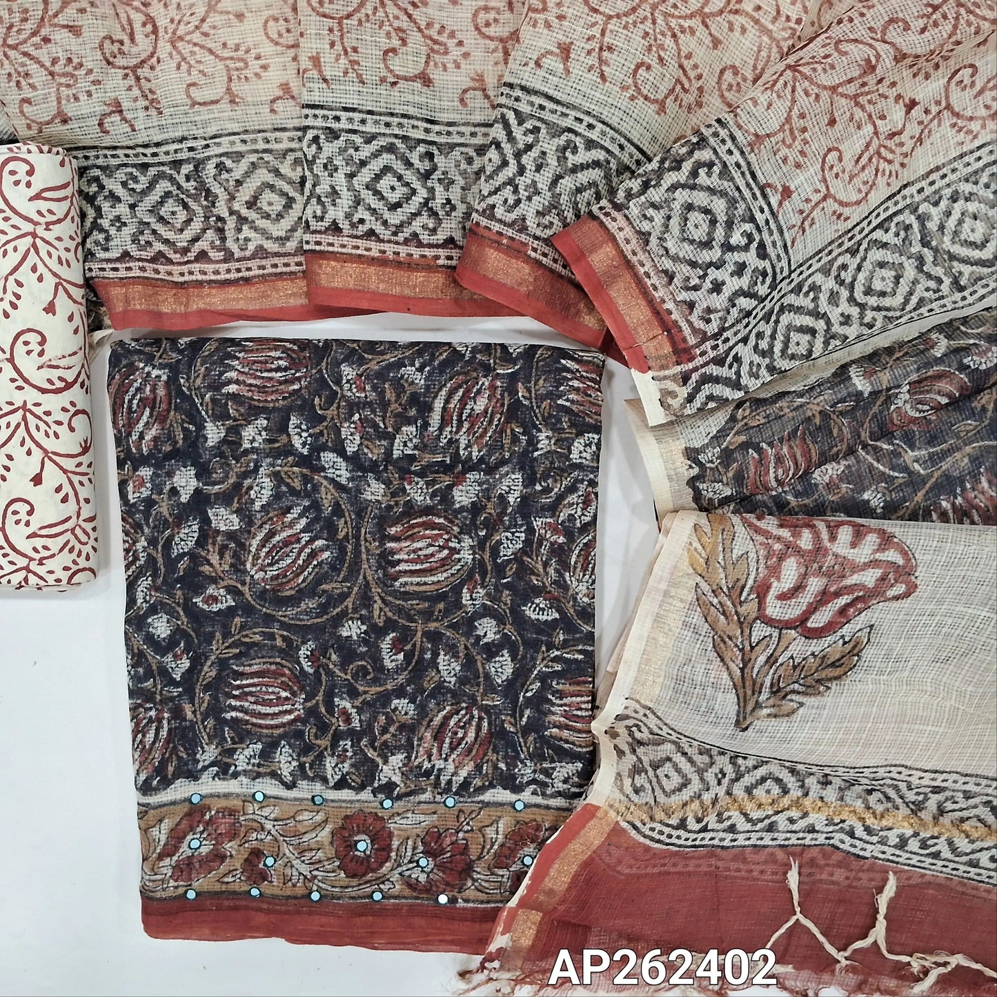 Black hand block premium kota unstitched salwar material,faux mirror on daman,(Lining Needed)block printed cotton bottom, hand block printed pure kota dupatta(TAPINGS NEEDED, INCONSISTENT PRINTS ARE NOT DEFECTS). AP262402
