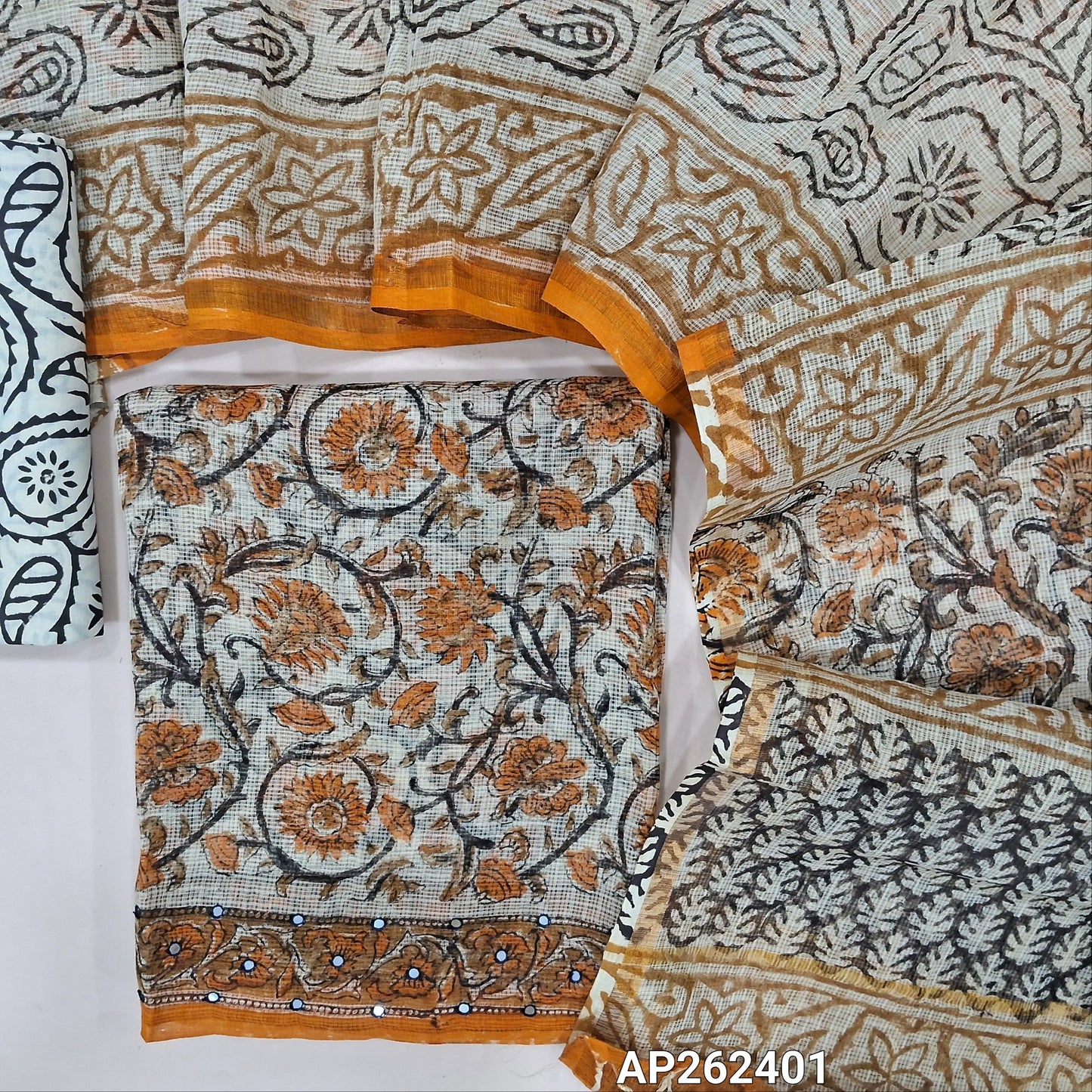 Light beige hand block premium kota unstitched salwar material,faux mirror on daman,(Lining Needed)block printed cotton bottom, hand block printed pure kota dupatta(TAPINGS NEEDED, INCONSISTENT PRINTS ARE NOT DEFECTS). AP262401