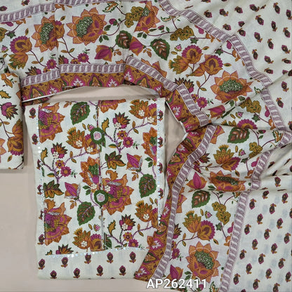 Light beige base floral printed pure cotton unstitched salwar material, thread embroidery ,cut bead, sugar bead and sequins work on yoke (lining optional) printed cotton bottom, printed full length soft mul cotton dupatta. AP262411