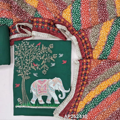 Dark green liquid fabric unstitched salwar material( soft,Lining optional)zari and thread embroidery on yoke, ,matching liquid fabric bottom,multicolor crinkled fancy silk cotton dupatta with lace tapings. AP262410
