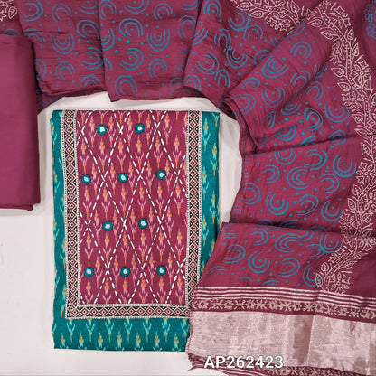 Ikat printed teal blue soft cotton unstitched salwar material (lining optional) real mirror, printed on yoke, rani pink spun cotton bottom, block printed fancy silk cotton dupatta with tissue border pallu. AP262423