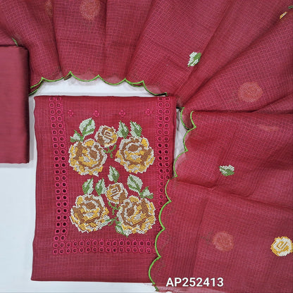Dark maroon fancy kota silk cotton unstitched salwar material, cross stitch embroidered on yoke(thin fabric, lining needed)matching silky bottom, cross stitch embroidered fancy kota silk cotton dupatta with scallop edges. Code AP252413