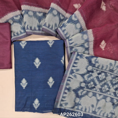 Dark blue ikat fancy silk cotton unstitched salwar material (lining needed) thread weaving on front, dark beetroot purple silky bottom, thread woven and soft fancy silk cotton dupatta . AP262603