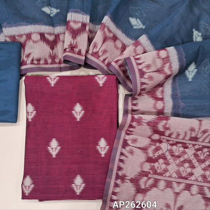 Dark beetroot purple ikat fancy silk cotton unstitched salwar material (lining needed) thread weaving on front, dark blue silky bottom, thread woven and soft fancy silk cotton dupatta . AP262604