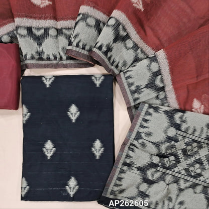 Black ikat fancy silk cotton unstitched salwar material (lining needed) thread weaving on front, maroon silky bottom, thread woven and soft fancy silk cotton dupatta . AP262605