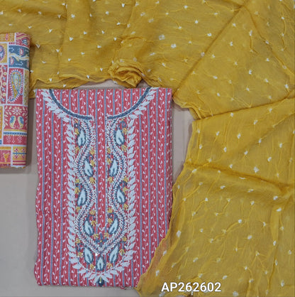 Pink vertical printed pure cotton unstitched salwar material, hand embroidered work on yoke, (lining optional)multicolor cotton bottom ,pastel yellow original bandhini dyed and pure chiffon short width dupatta. AP262602