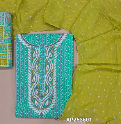 Pastel blue vertical printed pure cotton unstitched salwar material, hand embroidered work on yoke, (lining optional)multicolor cotton bottom ,sage green original bandhini dyed and pure chiffon short width dupatta. AP262601