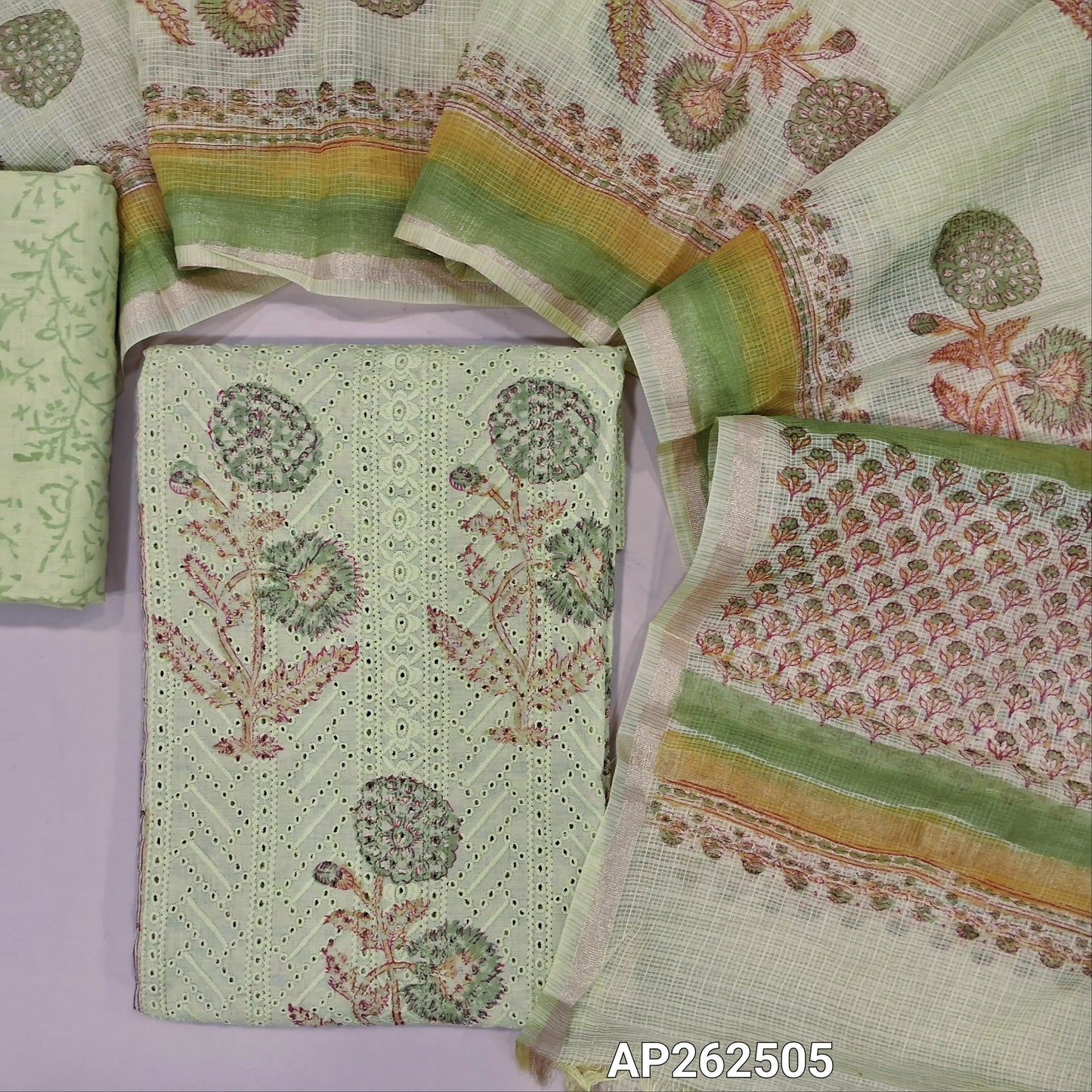 Pastel green block printed chikankari embroidered mul cotton unstitched salwar material, panel pattern on front(lining needed)block printed cotton bottom, block printed kota dupatta with tissue border. AP262505