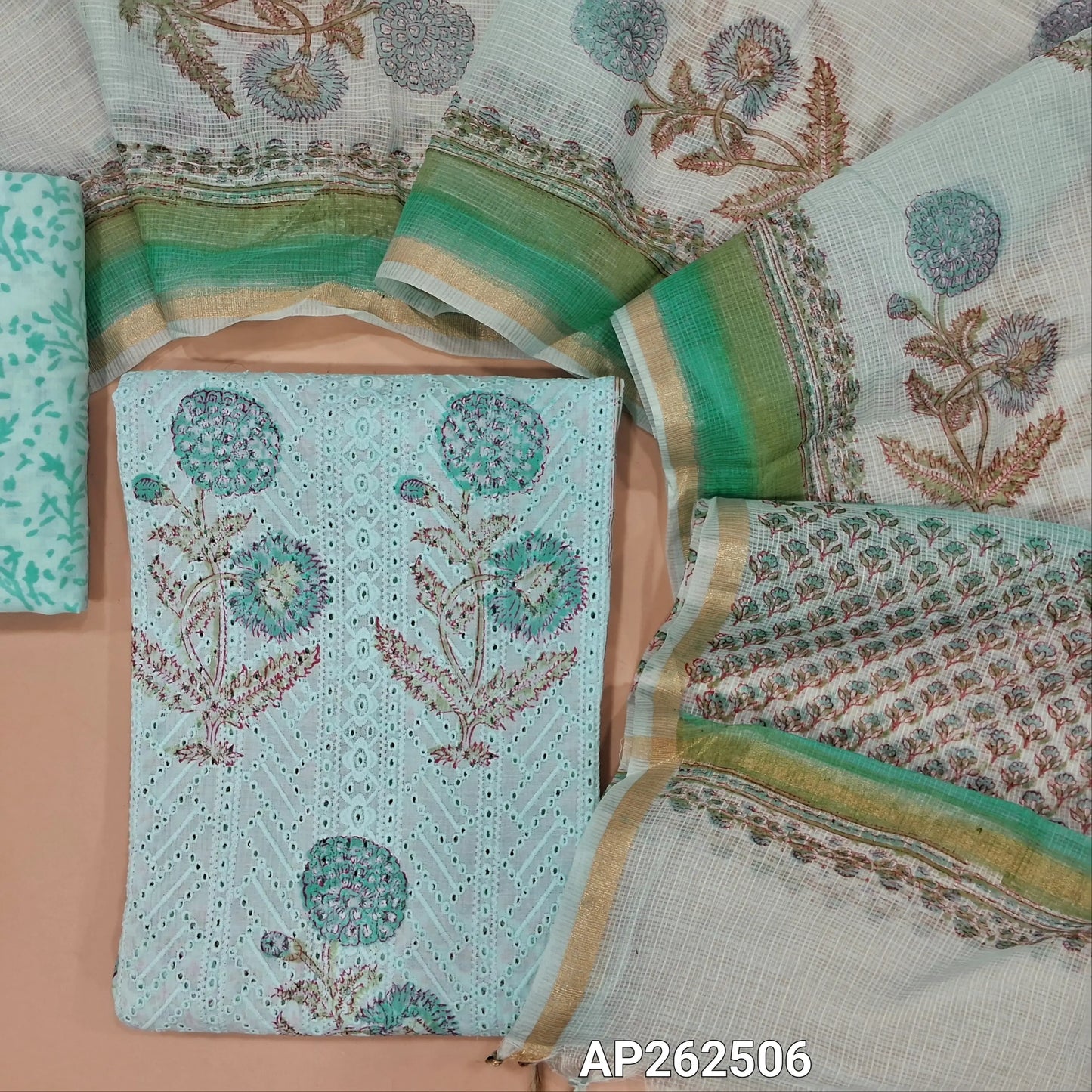 Pastel blue block printed chikankari embroidered mul cotton unstitched salwar material, panel pattern on front(lining needed)block printed cotton bottom, block printed kota dupatta with tissue border. AP262506