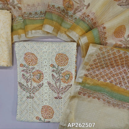 Pastel Yellow block printed chikankari embroidered mul cotton unstitched salwar material, panel pattern on front(lining needed)block printed cotton bottom, block printed kota dupatta with tissue border. AP262507