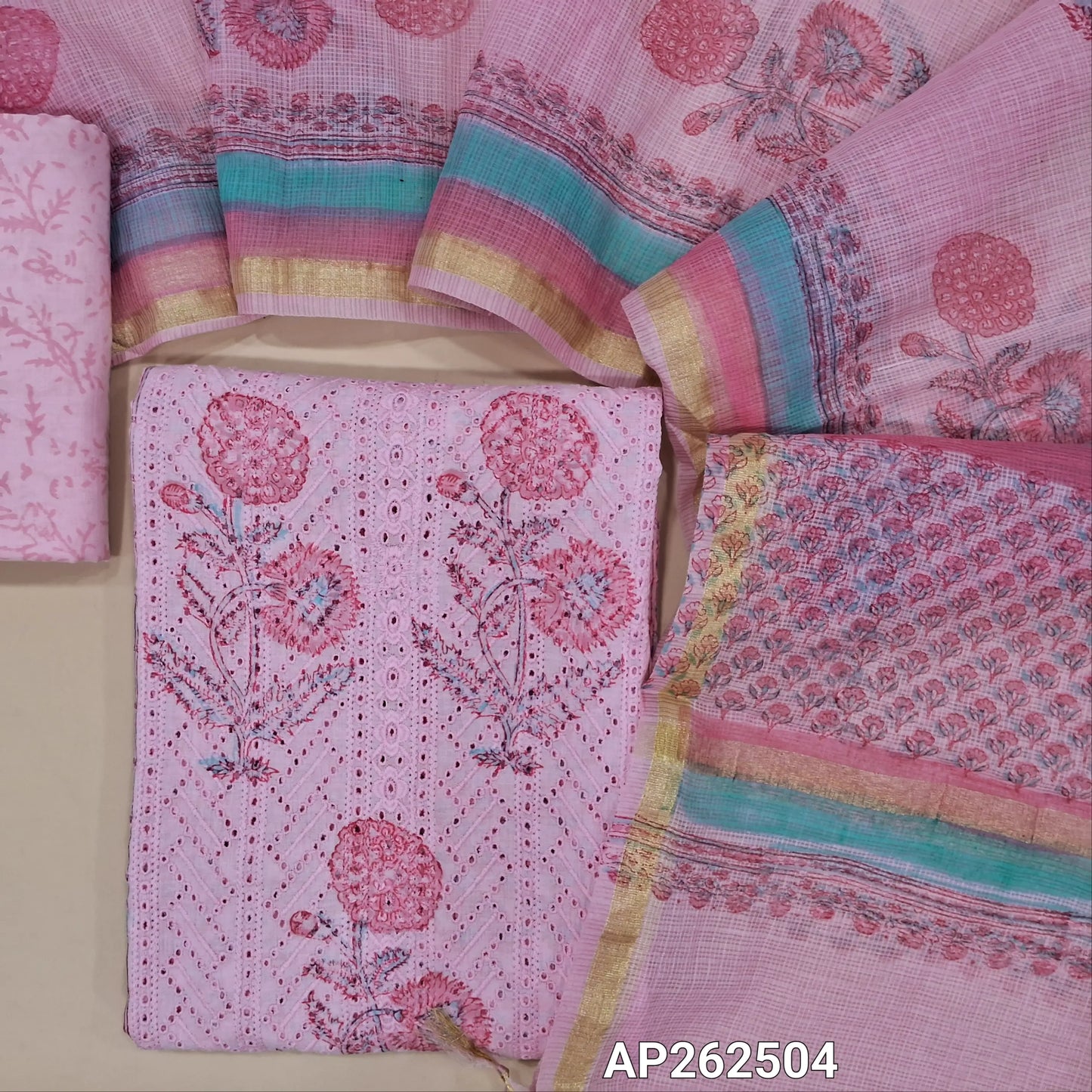 Pastel pink block printed chikankari embroidered mul cotton unstitched salwar material, panel pattern on front(lining needed)block printed cotton bottom, block printed kota dupatta with tissue border. AP262504