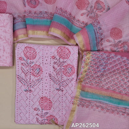 Pastel pink block printed chikankari embroidered mul cotton unstitched salwar material, panel pattern on front(lining needed)block printed cotton bottom, block printed kota dupatta with tissue border. AP262504