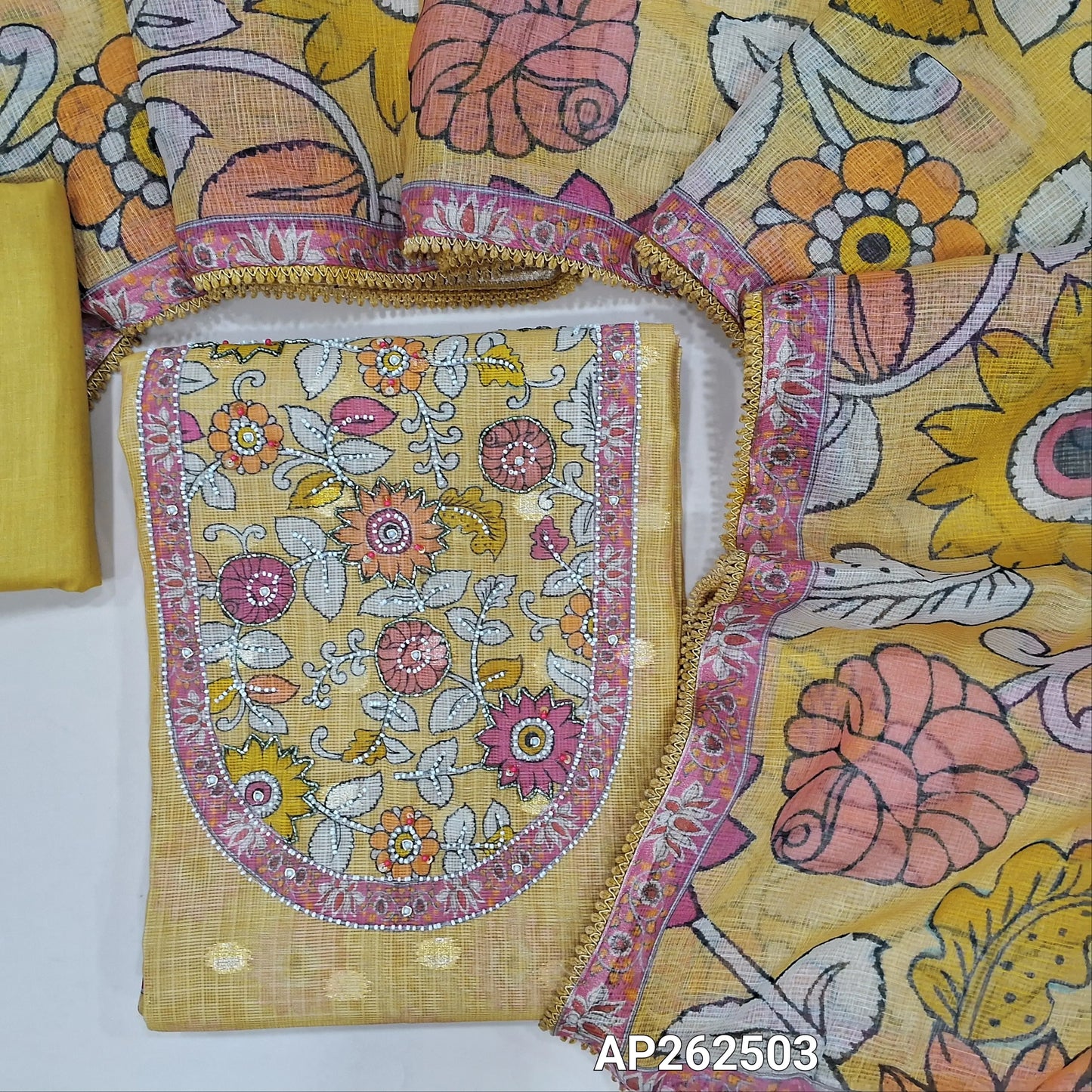 Rich beige premium benarasi chanderi kota unstitched salwar material,floral design yoke with cut bead,sugar bead and sequins work, zari buttas all over,( lining needed)matching cotton bottom, kalamkari design on  kota dupatta. AP262503