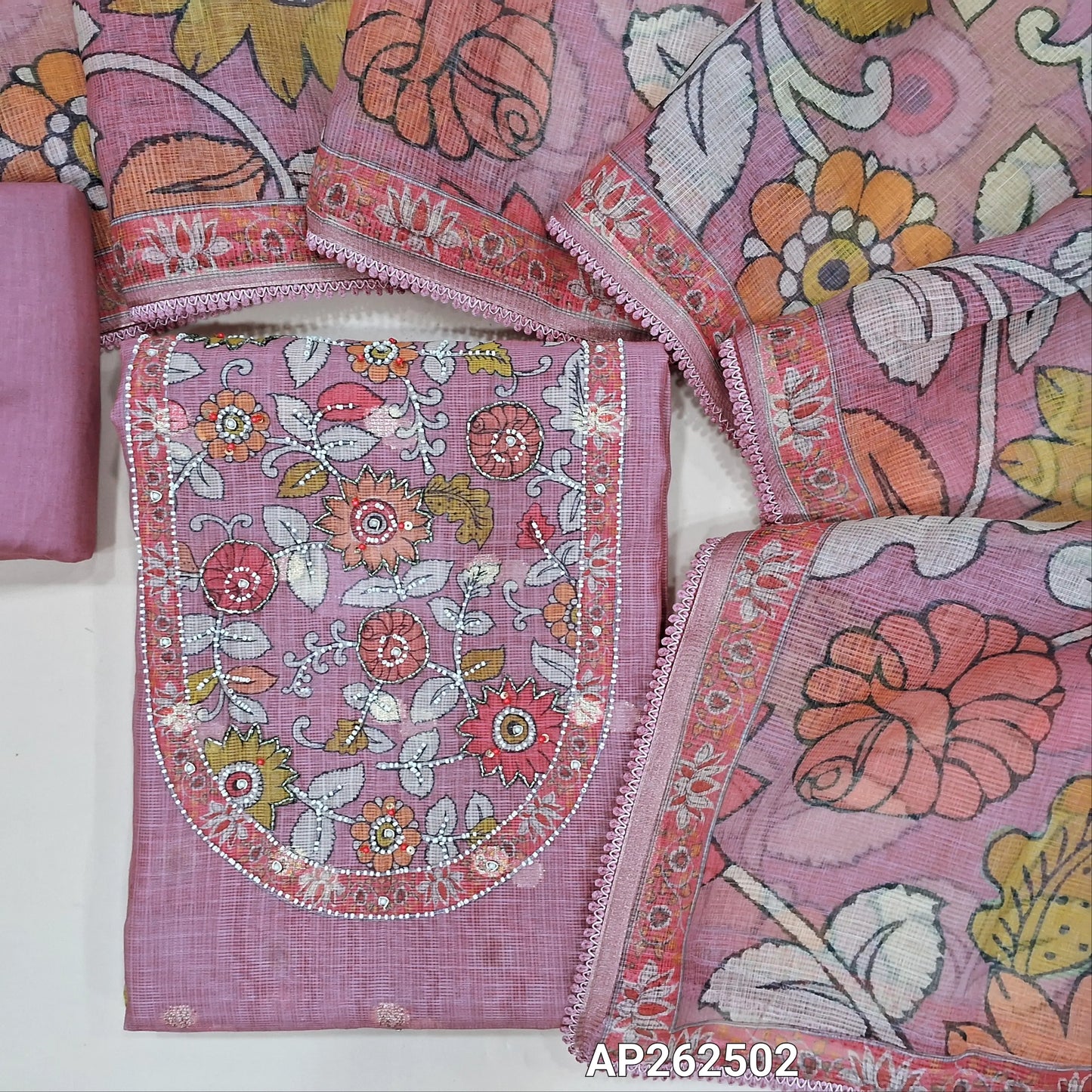 Pink premium benarasi chanderi kota unstitched salwar material,floral design yoke with cut bead,sugar bead and sequins work, zari buttas all over,( lining needed)matching cotton bottom, kalamkari design on  kota dupatta. AP262502