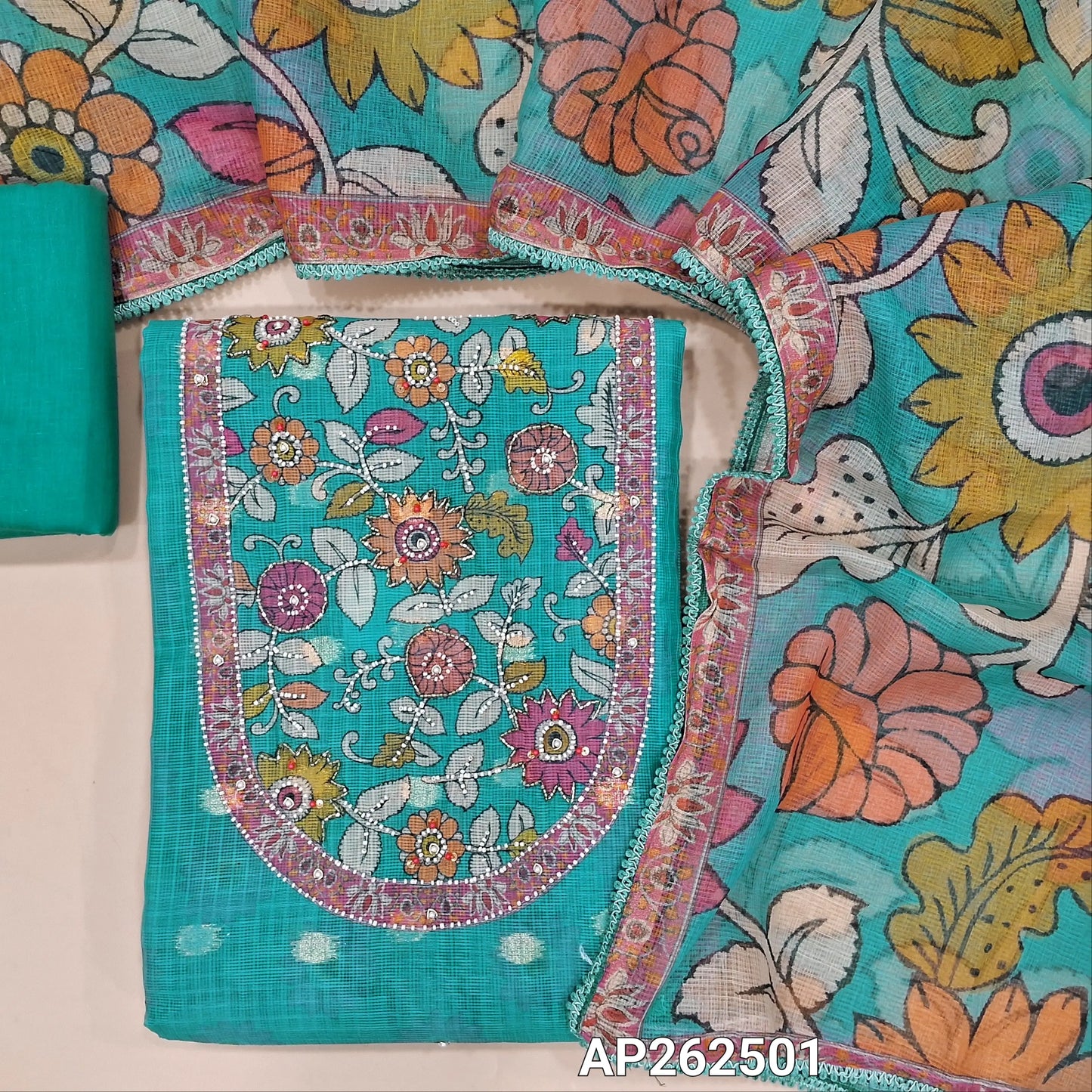 Pastel blue premium benarasi chanderi kota unstitched salwar material,floral design yoke with cut bead,sugar bead and sequins work, zari buttas all over,( lining needed)matching cotton bottom, kalamkari design on  kota dupatta. AP262501