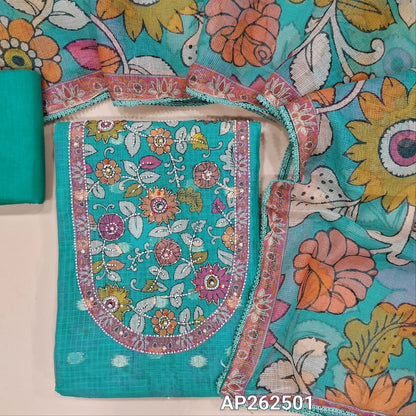 Pastel blue premium benarasi chanderi kota unstitched salwar material,floral design yoke with cut bead,sugar bead and sequins work, zari buttas all over,( lining needed)matching cotton bottom, kalamkari design on  kota dupatta. AP262501