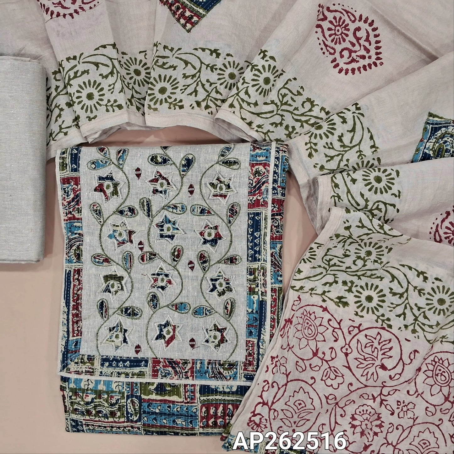 Multi color abstract printed pure kantha cotton unstitched salwar material,(BLUE & GREEN) applique work and thread embroidery on yoke(lining needed)flex cotton bottom, applique work and block printed premium fancy silk cotton dupatta. AP262516