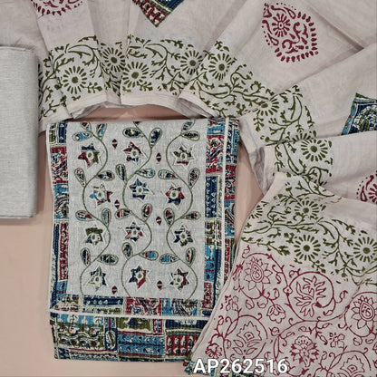 Multi color abstract printed pure kantha cotton unstitched salwar material,(BLUE & GREEN) applique work and thread embroidery on yoke(lining needed)flex cotton bottom, applique work and block printed premium fancy silk cotton dupatta. AP262516