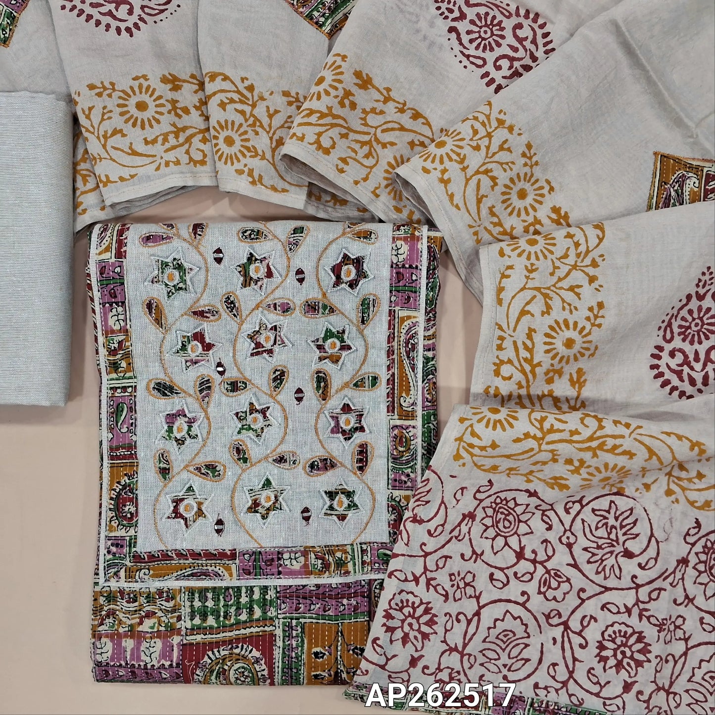 Multi color abstract printed pure kantha cotton unstitched salwar material,(PINK) applique work and thread embroidery on yoke(lining needed)flex cotton bottom, applique work and block printed premium fancy silk cotton dupatta. AP262517