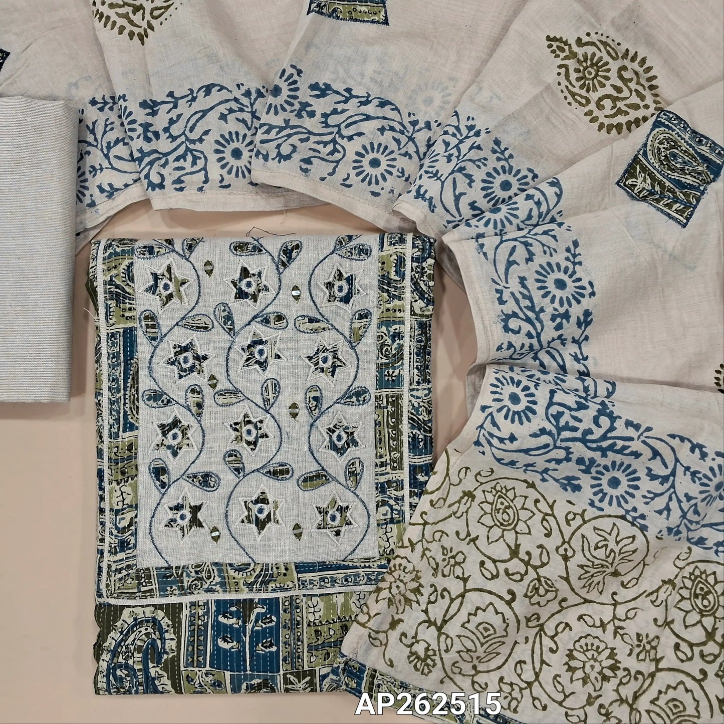 Multi color abstract printed pure kantha cotton unstitched salwar material,(GREEN & BLUE) applique work and thread embroidery on yoke(lining needed)flex cotton bottom, applique work and block printed premium fancy silk cotton dupatta. AP262515