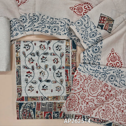 Multi color abstract printed pure kantha cotton unstitched salwar material,(BEIGE & GREY) applique work and thread embroidery on yoke(lining needed)flex cotton bottom, applique work and block printed premium fancy silk cotton dupatta. AP262514