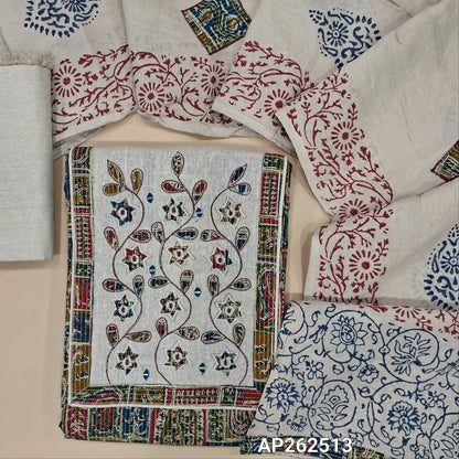 Multi color abstract printed pure kantha cotton unstitched salwar material,(BLUE & MAROON) applique work and thread embroidery on yoke(lining needed)flex cotton bottom, applique work and block printed premium fancy silk cotton dupatta. AP262513