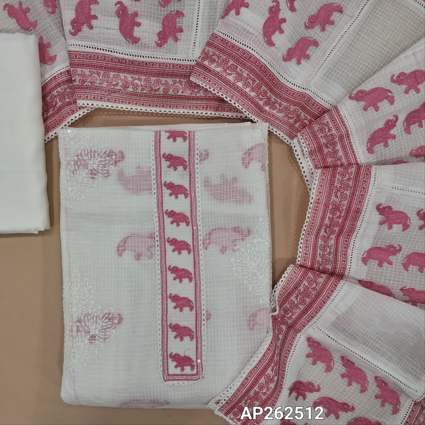 White base premium kota cotton unstitched salwar material,embroidery and lace work on yoke, hand embroidery work on front,(Lining Needed)cotton bottom,embroidery and lace work on pure kota cotton dupatta. AP262512