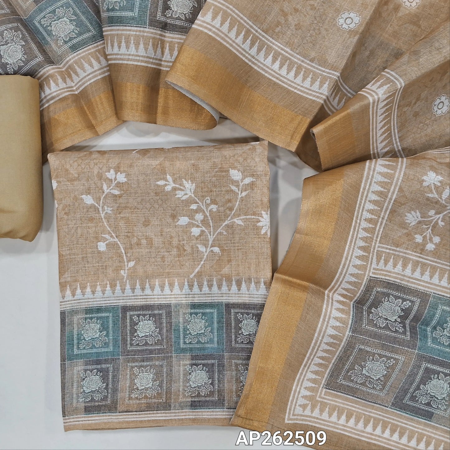 Rich beige digital printed tissue silk cotton with golden tint unstitched salwar material(thin, lining needed) spun cotton bottom,digital printed  tissue silk cotton dupatta with gold tissue borders. AP262509