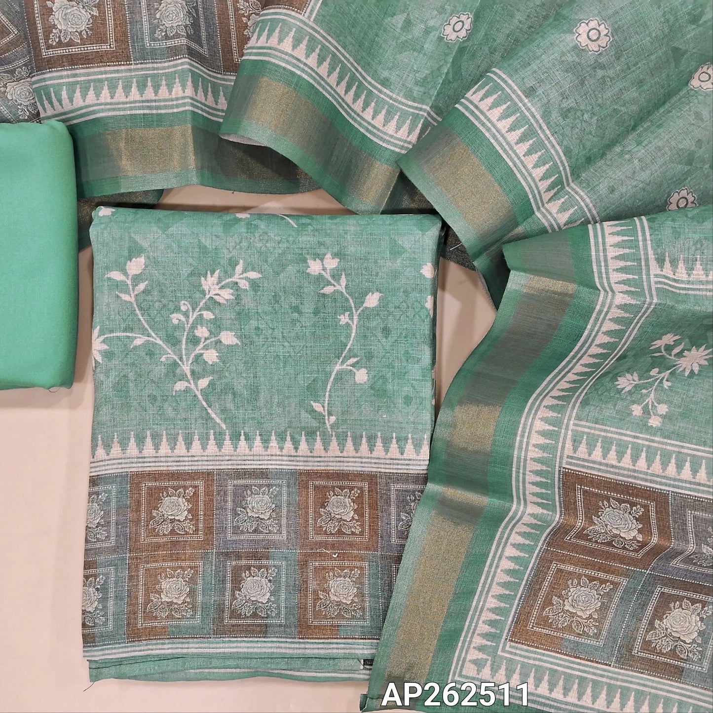 Pastel blue digital printed tissue silk cotton with golden tint unstitched salwar material(thin, lining needed) spun cotton bottom,digital printed  tissue silk cotton dupatta with gold tissue borders. AP262511