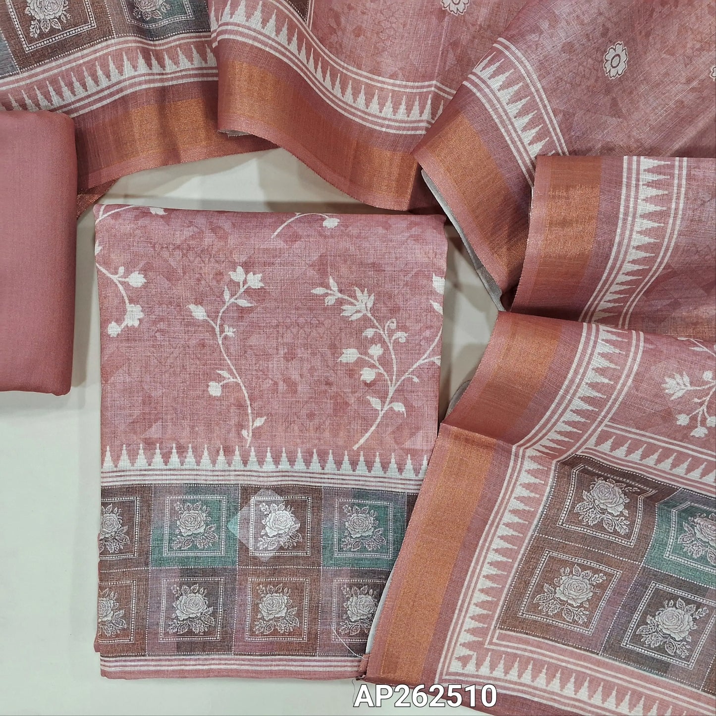 Pastel pink digital printed tissue silk cotton with golden tint unstitched salwar material(thin, lining needed) spun cotton bottom,digital printed  tissue silk cotton dupatta with gold tissue borders. AP262510