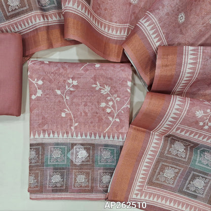 Pastel pink digital printed tissue silk cotton with golden tint unstitched salwar material(thin, lining needed) spun cotton bottom,digital printed  tissue silk cotton dupatta with gold tissue borders. AP262510