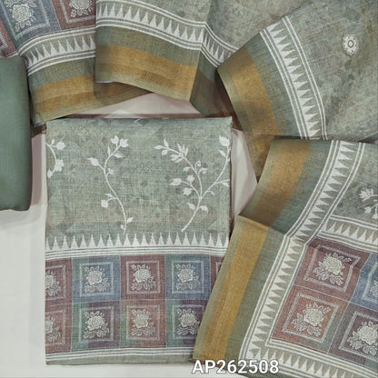 Sage green digital printed tissue silk cotton with golden tint unstitched salwar material(thin, lining needed) spun cotton bottom,digital printed  tissue silk cotton dupatta with gold tissue borders. AP262508