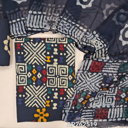 Dark blue multicoloured wax batik dyed pure cotton unstitched salwar material,(lining optional)batik dyed pure cotton bottom, batik design on pure chiffon dupatta (TAPPING NEEDED). AP262519