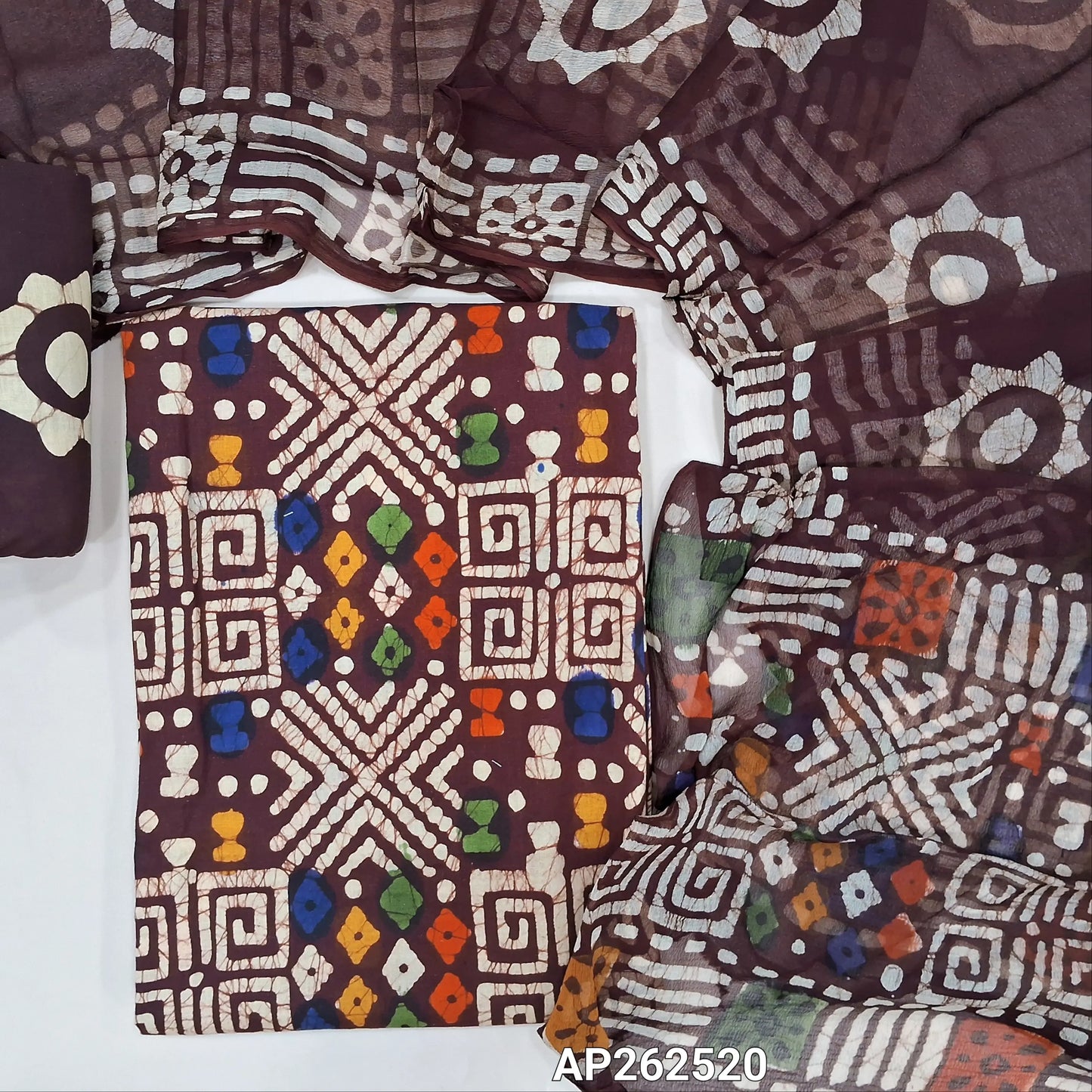 Dark maroon multicoloured wax batik dyed pure cotton unstitched salwar material,(lining optional)batik dyed pure cotton bottom, batik design on pure chiffon dupatta (TAPPING NEEDED). AP262520