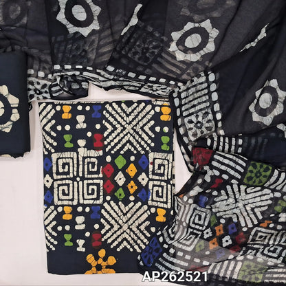 Black multicoloured wax batik dyed pure cotton unstitched salwar material,(lining optional)batik dyed pure cotton bottom, batik design on pure chiffon dupatta (TAPPING NEEDED). AP262521