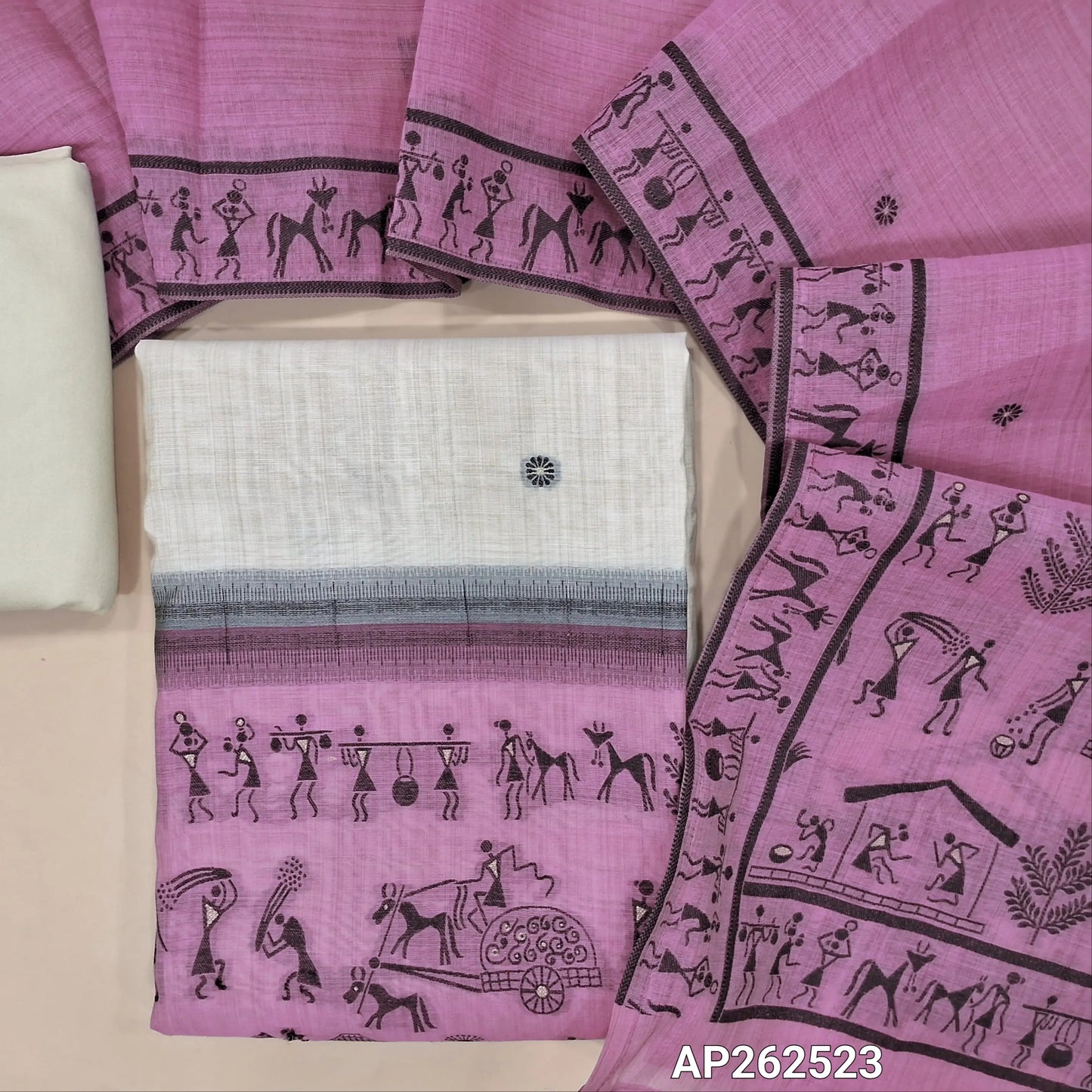 Light beige base jamdani woven silk cotton unstitched salwar material,(PURPLISH PINK)warli jamdani weaving on daman (lining needed)matching spun cotton bottom,jamdani weaving on silk cotton dupatta with pallu. AP262523