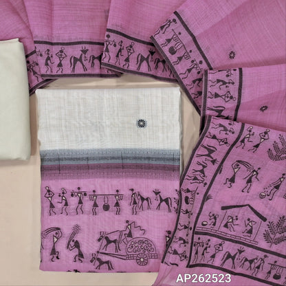Light beige base jamdani woven silk cotton unstitched salwar material,(PURPLISH PINK)warli jamdani weaving on daman (lining needed)matching spun cotton bottom,jamdani weaving on silk cotton dupatta with pallu. AP262523