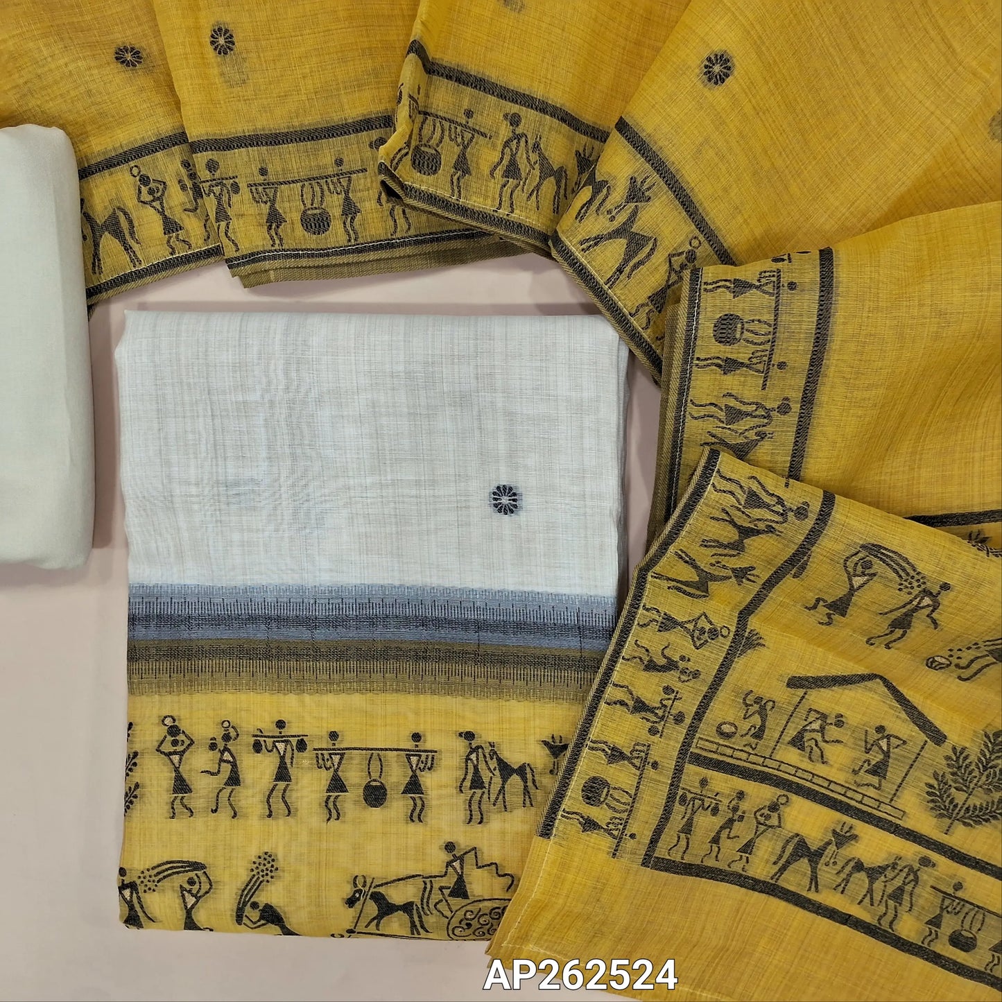 Light beige base jamdani woven silk cotton unstitched salwar material,(MEHANDHI YELLOW)warli jamdani weaving on daman (lining needed)matching spun cotton bottom,jamdani weaving on silk cotton dupatta with pallu. AP262524
