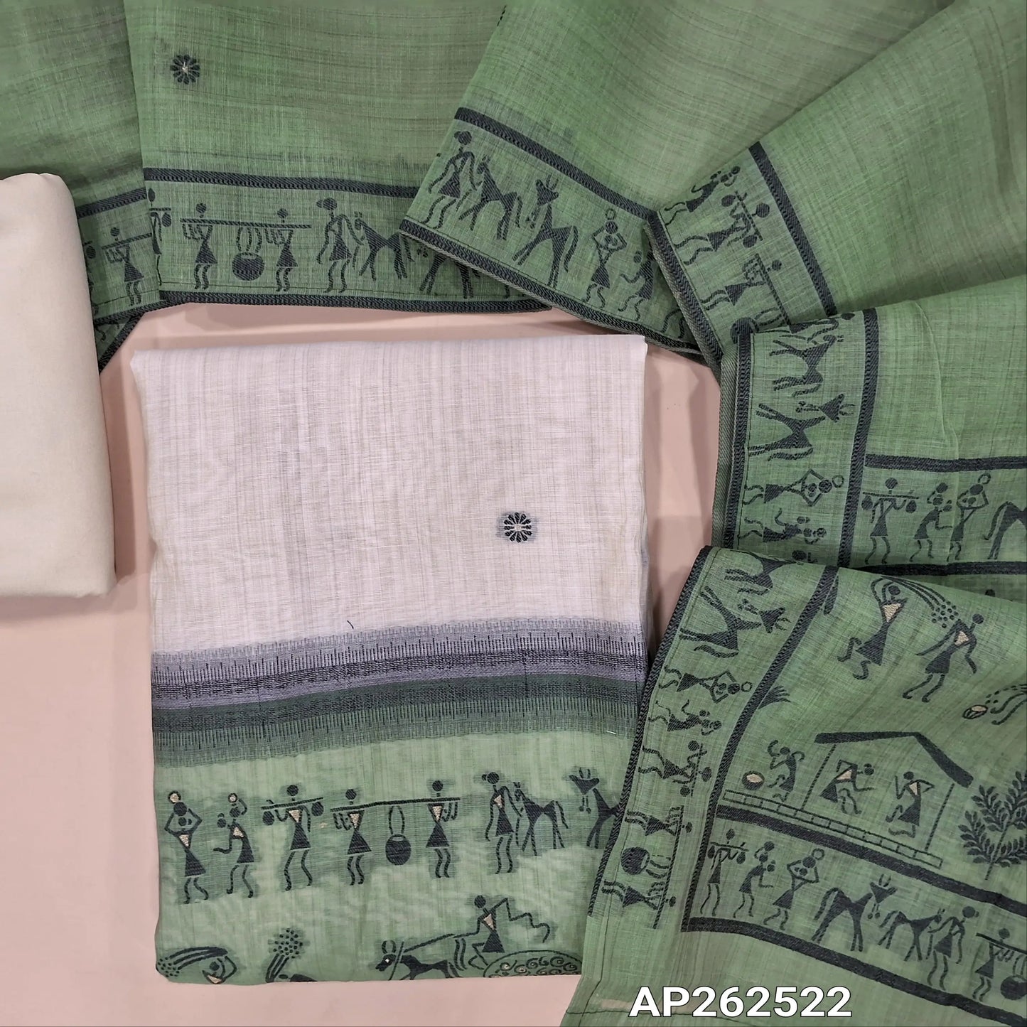 Light beige base jamdani woven silk cotton unstitched salwar material,(SAGE GREEN)warli jamdani weaving on daman (lining needed)matching spun cotton bottom,jamdani weaving on silk cotton dupatta with pallu. AP262522