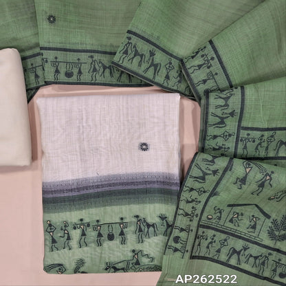 Light beige base jamdani woven silk cotton unstitched salwar material,(SAGE GREEN)warli jamdani weaving on daman (lining needed)matching spun cotton bottom,jamdani weaving on silk cotton dupatta with pallu. AP262522
