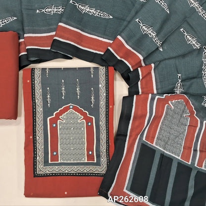Brick red dabu cotton unstitched salwar material,contrast yoke patch with faux mirror work, embroidery and sequins work on front,(lining optional) dabu cotton bottom, printed mul cotton dupatta. AP262608