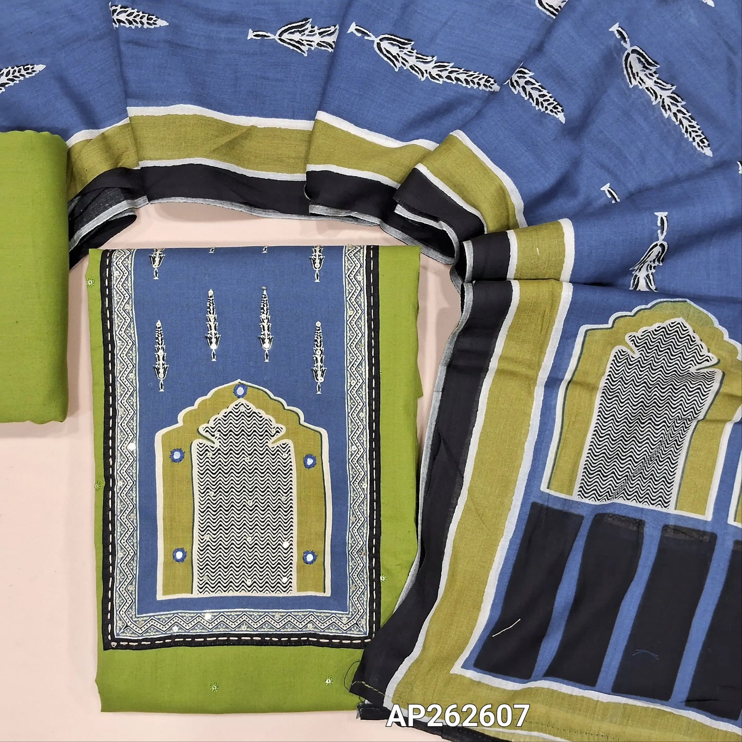 Leafy green dabu cotton unstitched salwar material,contrast yoke patch with faux mirror work, embroidery and sequins work on front,(lining optional) dabu cotton bottom, printed mul cotton dupatta. AP262607
