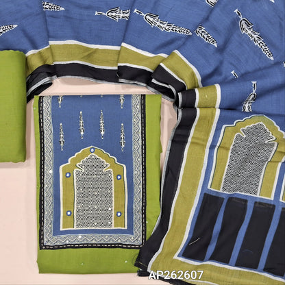Leafy green dabu cotton unstitched salwar material,contrast yoke patch with faux mirror work, embroidery and sequins work on front,(lining optional) dabu cotton bottom, printed mul cotton dupatta. AP262607