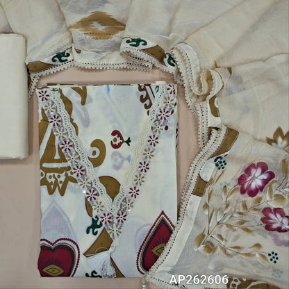 Off white base abstract printed premium cotton unstitched salwar material, v neck with sugar bead,zarodzi and cut bead work, (lining needed)cotton bottom,brush paint work on short width chiffon dupatta with tapping. AP262606