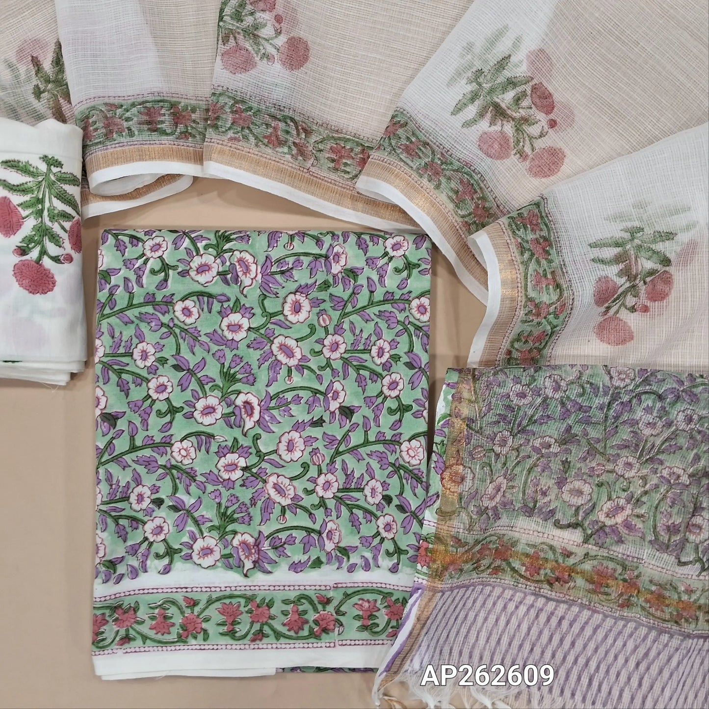 Pastel green hand block printed pure mul cotton unstitched salwar material, (lining needed) hand block printed cotton bottom,block printed kota cotton dupatta with tissue borders.(TAPINGS NEEDED, INCONSISTENT PRINTS ARE NOT DEFECTS) AP262609