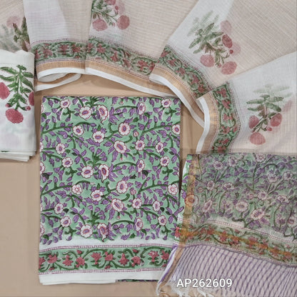 Pastel green hand block printed pure mul cotton unstitched salwar material, (lining needed) hand block printed cotton bottom,block printed kota cotton dupatta with tissue borders.(TAPINGS NEEDED, INCONSISTENT PRINTS ARE NOT DEFECTS) AP262609